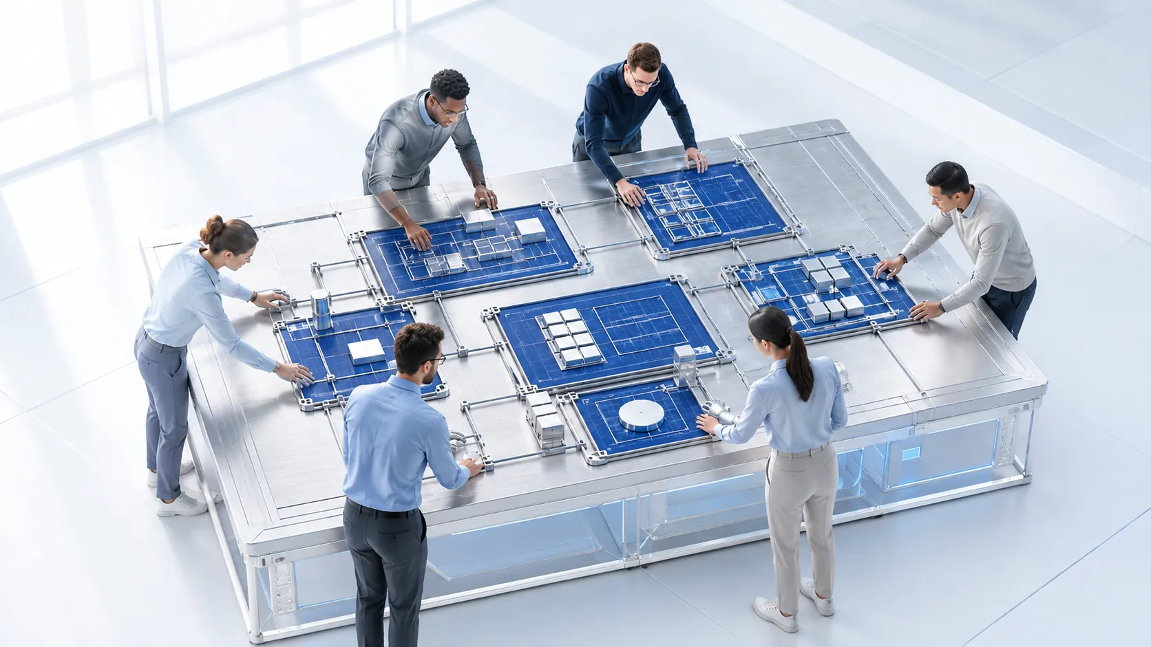 Concept illustration of engineers collaborating around a shared systems blueprint