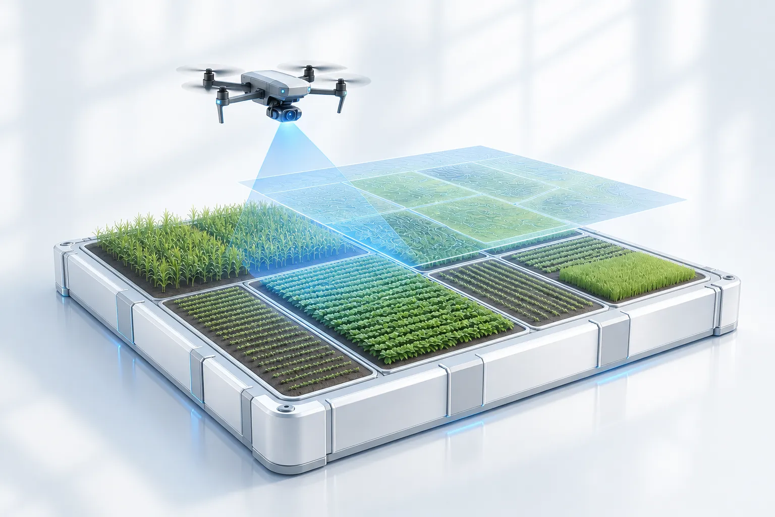 Metallic crop-field model with a mapping drone and projected intelligence layer