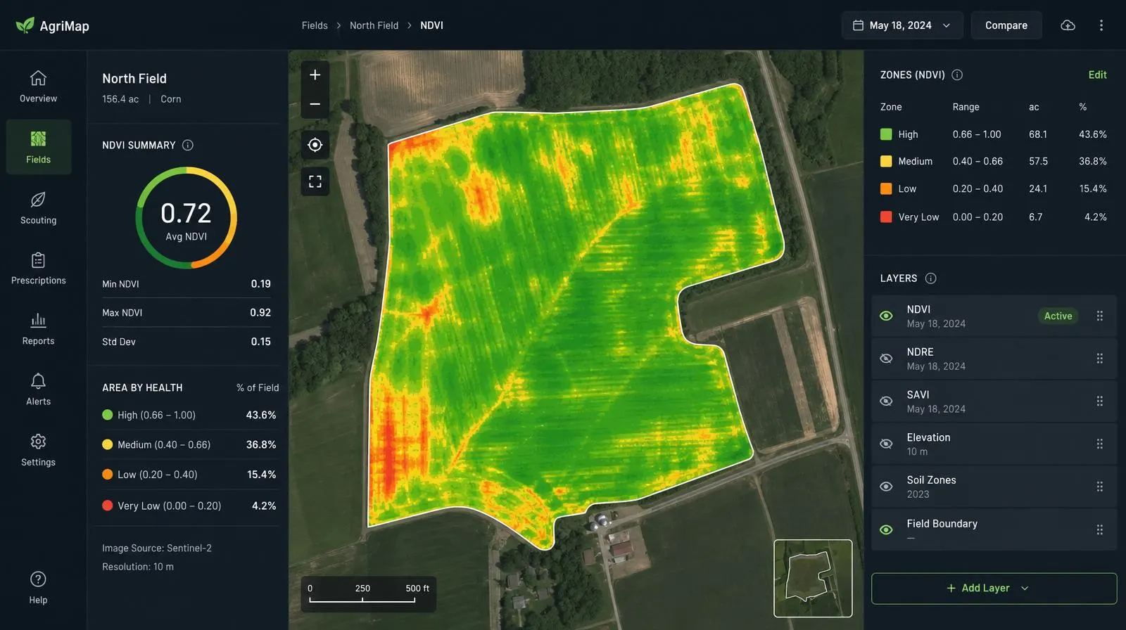 Plot IQ field-map reference interface showing NDVI zones